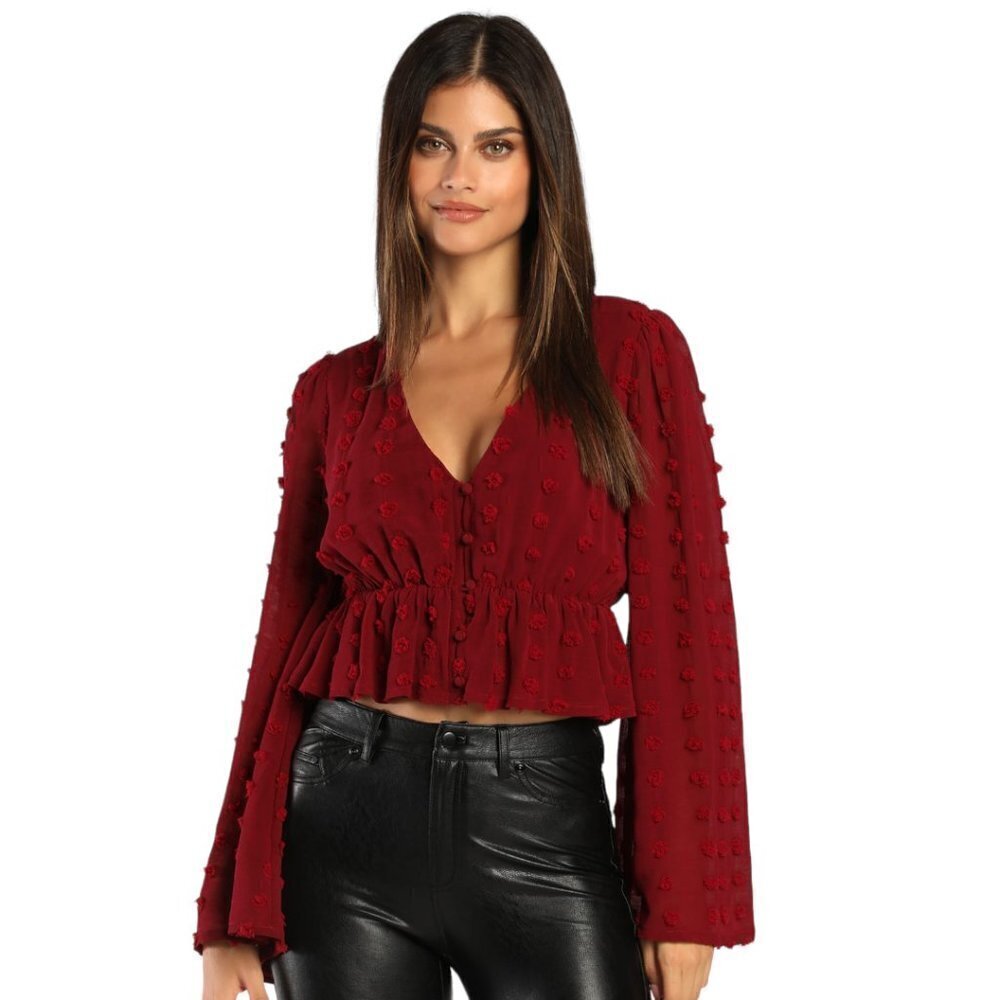 Lulu's Romantic Ideals Clip Dot Bell Long Sleeve Burgundy Blouse Button Front
